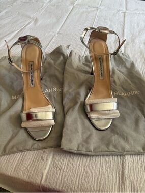 Manolo Blahnik Silver Leather Ankle Strap Heels